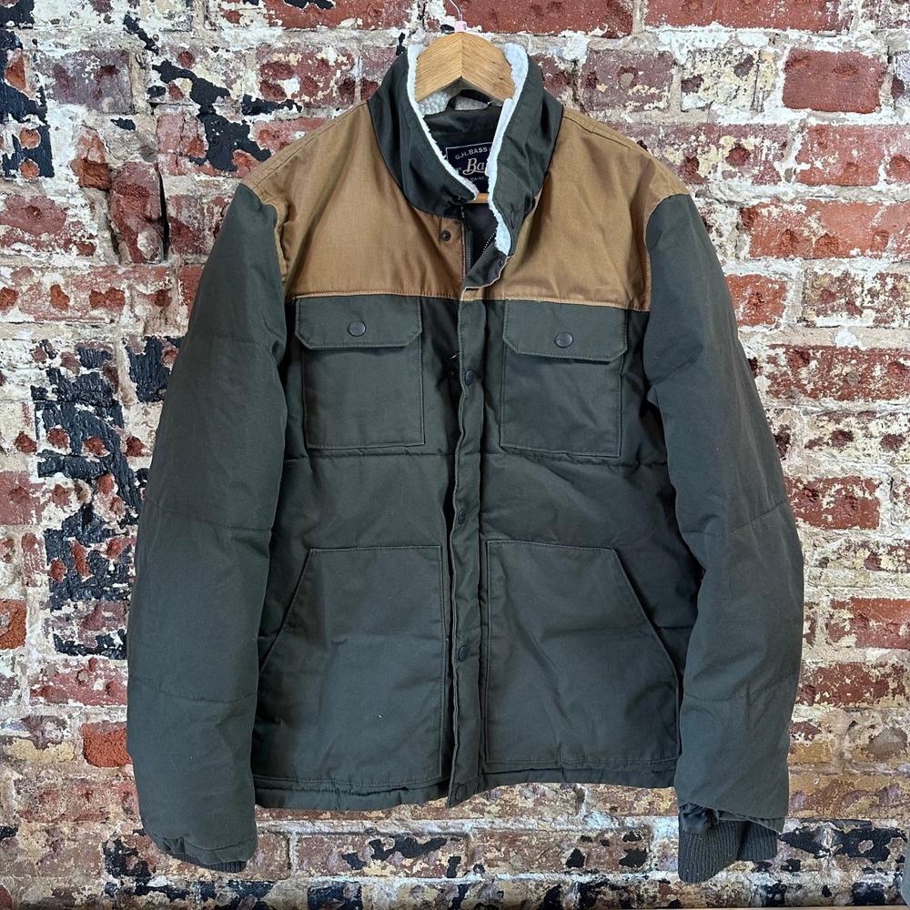 GH Bass Mens Puffer Jacket Olive Green Tan Two Tone Sherpa Collar Quilted Coat